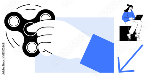 Hand holding spinning fidget spinner with movement lines, downward arrow, and seated woman using a laptop. Ideal for wellness, productivity, focus, stress relief, technology, modern lifestyle simple