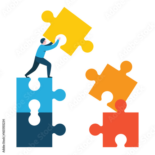 Man assembling colorful puzzle pieces to create a solution