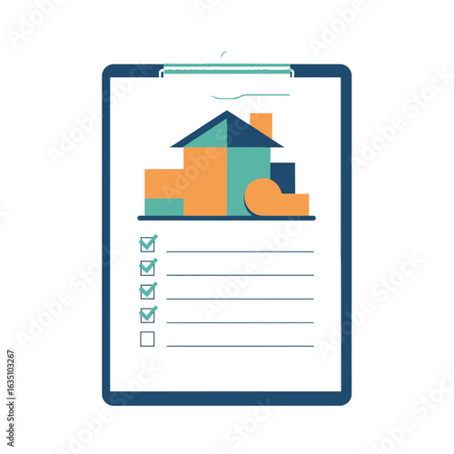 House inspection checklist on clipboard with building illustration