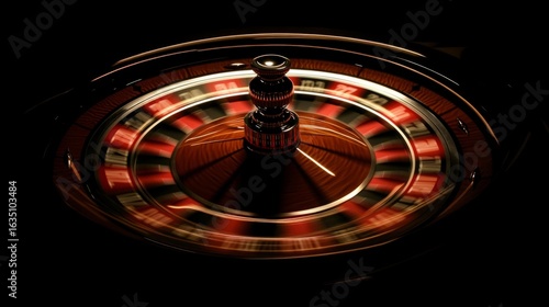  Spinning roulette wheel in dimly lit casino captures the thrill of gambling and chance