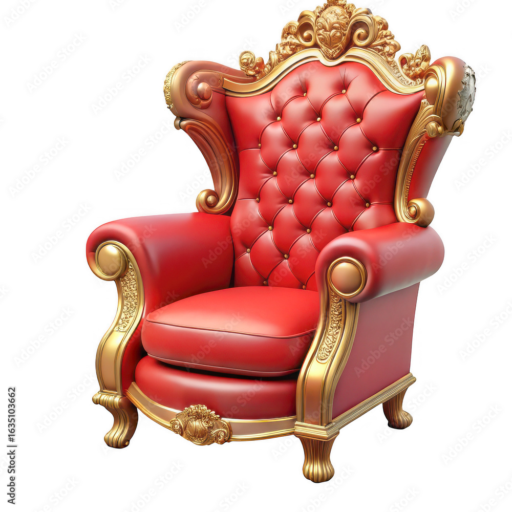 Fototapeta premium 3d royal red throne chair with gold ornate details isolated on transparent background