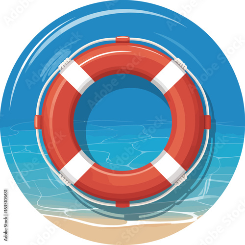 Orange life preserver ring floating in blue water with sandy beach background