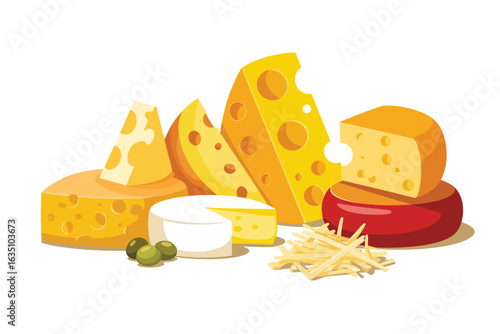 Assortment of delicious cheeses with olives and grated cheese