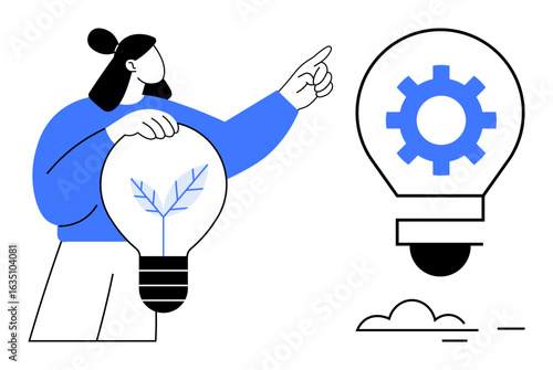 Woman holding a light bulb with a plant inside pointing to a bulb with a gear, symbolizing innovation, growth, and sustainable ideas. Ideal for creativity, eco-business, teamwork, problem-solving