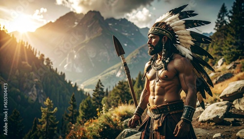 Epic Cinematic Portrait of a Muscular Native American Warrior in Traditional Regalia with Feathers and War Paint, Captured in Dramatic Lighting and Shadows Embodying Strength, Honor and Cultural Pride