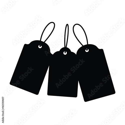 Three black blank price tags with strings isolated on white background