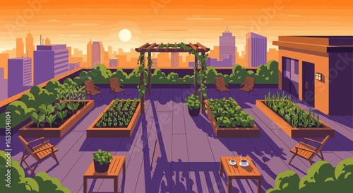 Rooftop Garden Oasis with Urban Skyline and Sunset Hues