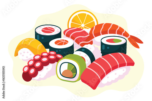 Assortment of fresh and colorful sushi and sashimi with lemon slice