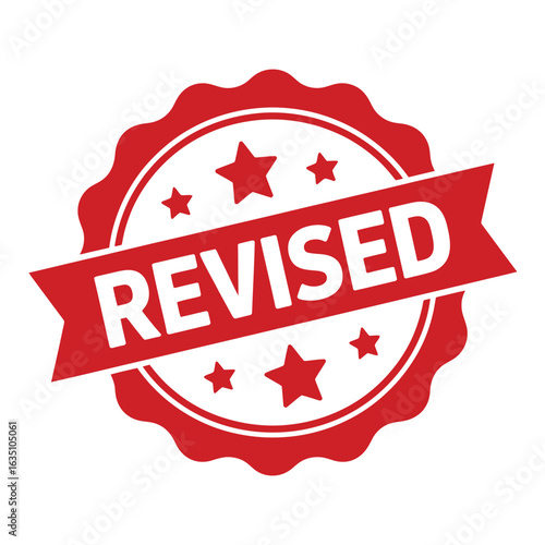 Red and white circular stamp with the word revised on a banner