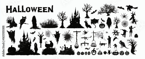 Vector Halloween Graphics Set with Monster and Ghost Silhouettes, Ancient Tree and Spider Web Trees, Horror Movie-Inspired Buildings, Black-Walled Houses, Street Zombies, Fence Pumpkins, Happy Hallowe