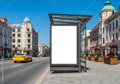 Blank Billboard Mockup at European City Bus Stop