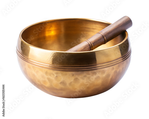 Tibetan singing bowl with wooden striker for meditation and sound healing, isolated on transparent background