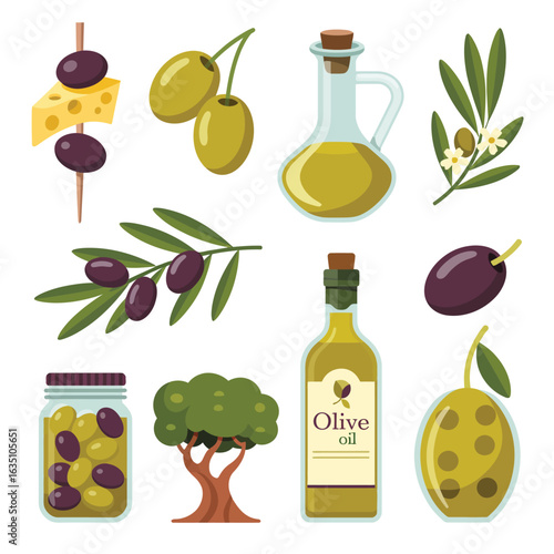 Collection of olive oil products and ingredients with fresh olives and olive tree