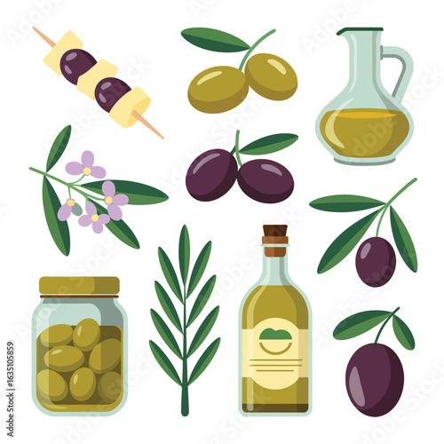 Collection of fresh olives olive oil and olive branches