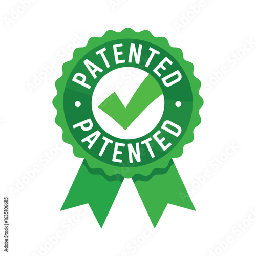 Green patented seal with check mark and ribbons