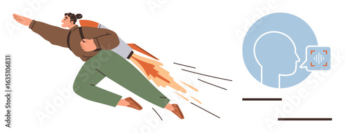 Person launching with a jetpack symbolizing progress and innovation, accompanied by a profile icon with a face recognition scan. Ideal for technology, growth, security, identity, innovation, future