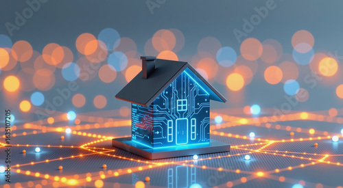 Smart home with glowing circuit board walls and digital lights