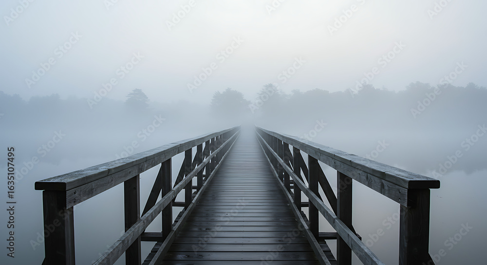 Naklejka premium Ethereal bridge disappearing into foggy mystery