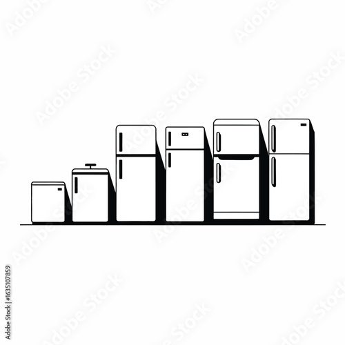 Row of refrigerators and freezers in varying sizes and styles