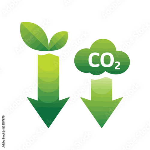 Green arrows show reduction in carbon dioxide emissions and plant growth