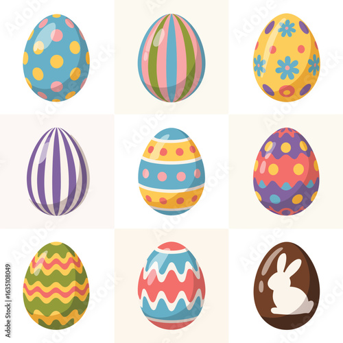 Collection of nine colorful decorative easter eggs and a chocolate egg