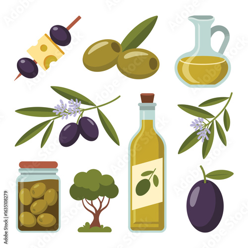 Collection of fresh olives olive oil and olive tree elements