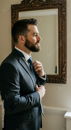 Groom's Pre-Wedding Moment: A sophisticated groom adjusts his tie in front of an ornate mirror, showcasing timeless elegance in the soft light, readying himself for the special day.