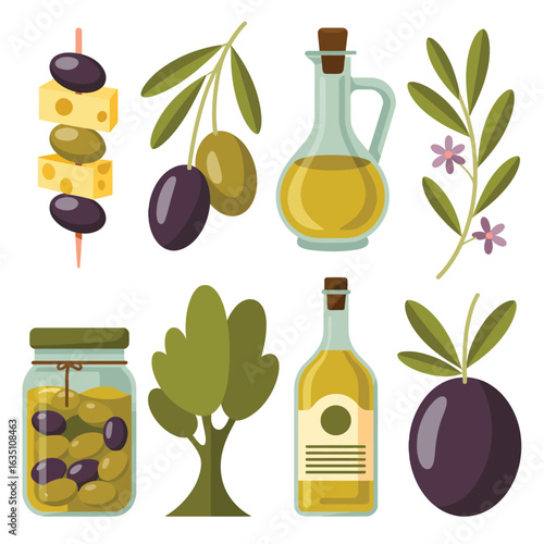 Collection of olive products and olive tree elements