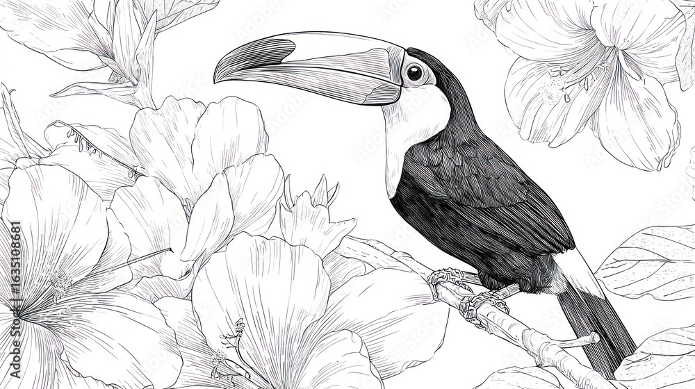 Fototapeta premium Detailed pencil sketch of a toucan perched on a branch amidst hibiscus blossoms, rendered in grayscale with intricate linework