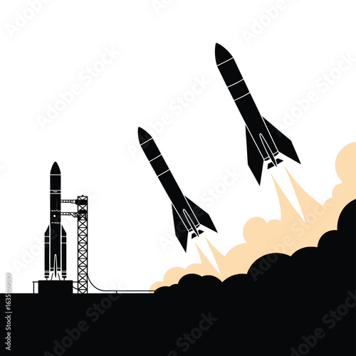 Two rockets launch from a launchpad with smoke and fire