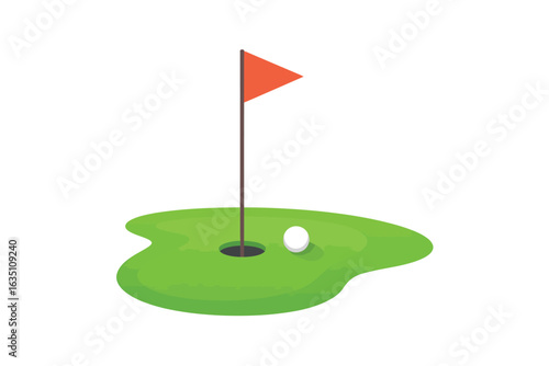 Golf ball on green near flag on a golf course