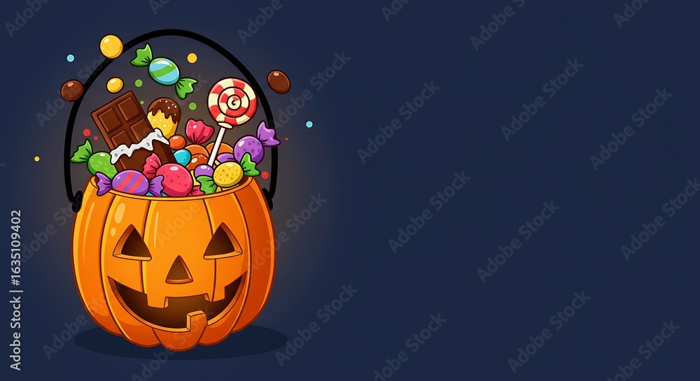 Fototapeta premium Spooky Candy Basket: A whimsical illustration depicts a cheerful jack-o'-lantern overflowing with a delightful assortment of candies and sweets, set against a dark, inviting background. 