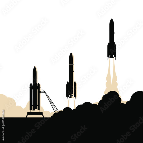 Three rockets at different stages of launch preparation and liftoff