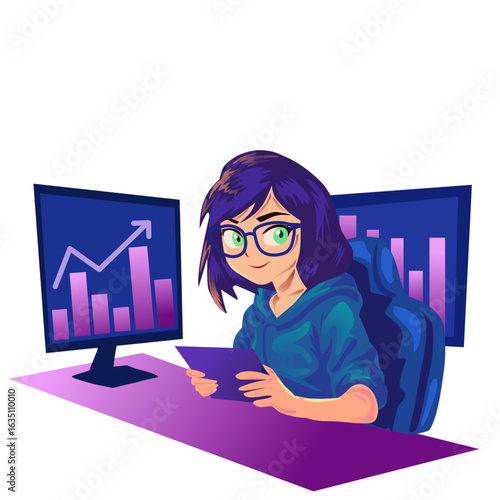 Girl using computer with dual screens showing data charts, focused on work or analysis