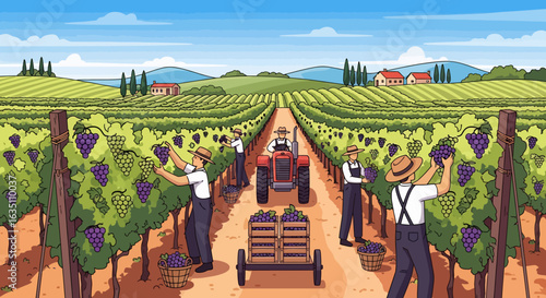 Vineyard Workers Harvesting Grapes in a Sunny Italian Landscape