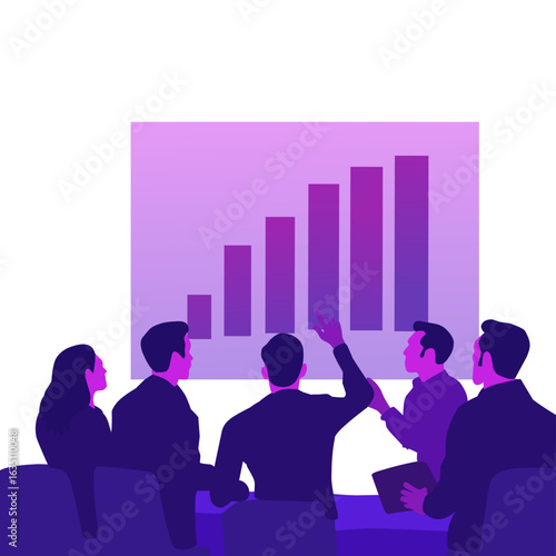 Team discussing growth chart in a meeting, analyzing business data and planning strategy