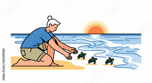 Woman releasing baby sea turtles into the ocean at sunrise, conservation effort