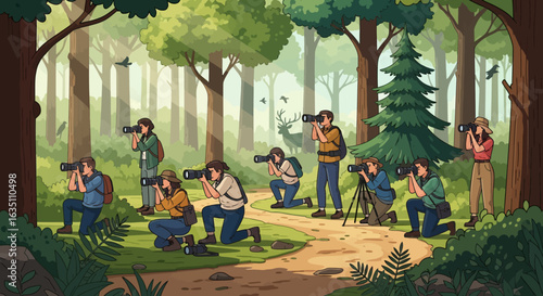 Wildlife Photographers Kneeling in Sun-Dappled Forest