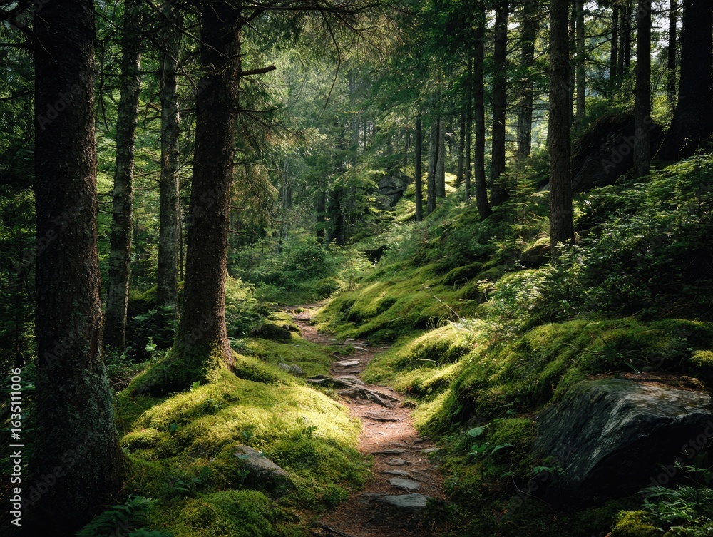 Obraz premium Sunlight streams through a mossy forest path