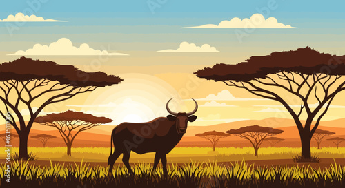 African Landscape with Bull Silhouette and Sunset in the Background