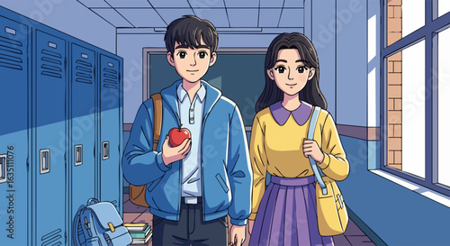 Students Walking in School Corridor with Apple in Hand for Educational Blogs, Classroom Resources, Youth Engagement Websites, School Awareness Content, and Educational Illustrations  