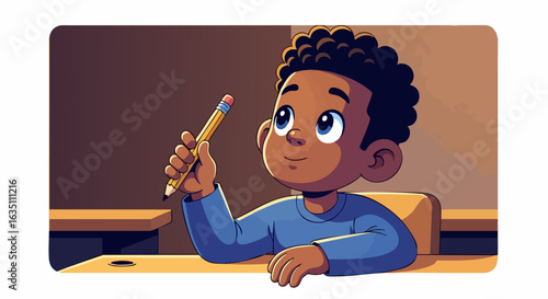 A Curious Child Raising Hand with Pencil in Classroom for Educational Blogs, Learning Websites, Childhood Development Articles, and Creative Content  