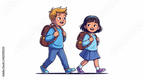 Children Walking to School with Backpacks in a Cheerful Style for Education Blogs, Kids Activities Websites, School Awareness Campaigns, and Family Content  