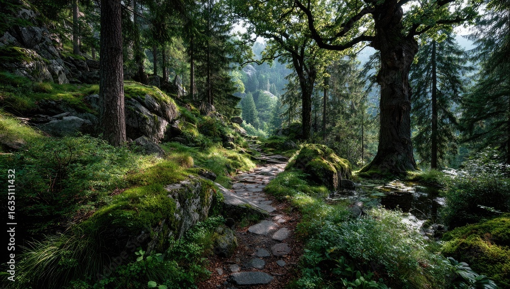 Obraz premium Sunny forest path winding through mossy rocks
