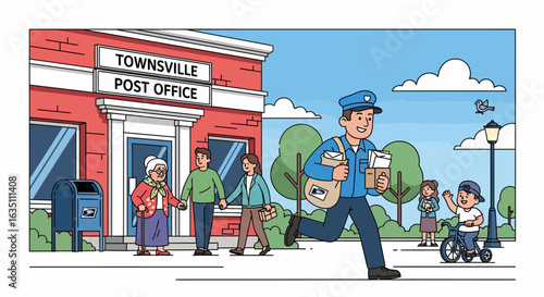 Animated Townsville Post Office Scene with Running Mailman and Diverse Residents
