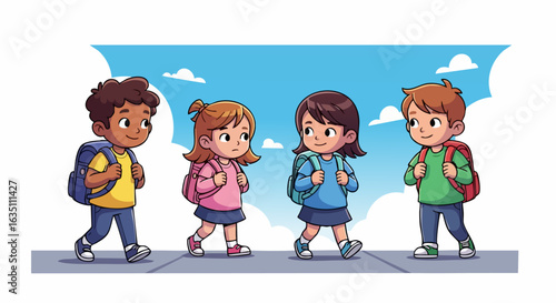 Four Diverse School Children Walking Together with Backpacks Under a Bright Sky for Educational Blogs, Childcare Websites, School Awareness Campaigns, and Classroom Materials  