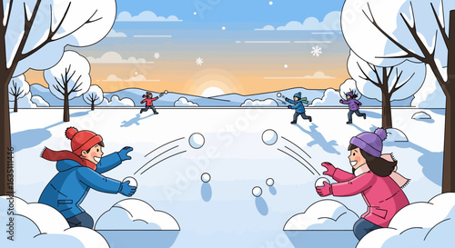 Animated Winter Snowball Fight Scene with Smiling Children and Snowy Landscape