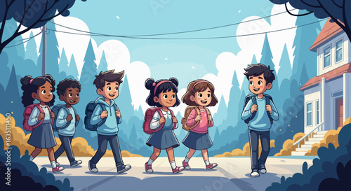 Animated Children Walking to School with Backpacks in a Cheerful Setting for Educational Blogs, Children’s Websites, Classroom Materials, and Parenting Resources  