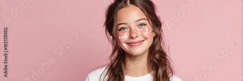 Wallpaper Mural Teen Girl With an Optimistic Vibe Smiles Brightly While Showcasing an Acne Patch on Her Cheek Against a Soft Pink Background Torontodigital.ca