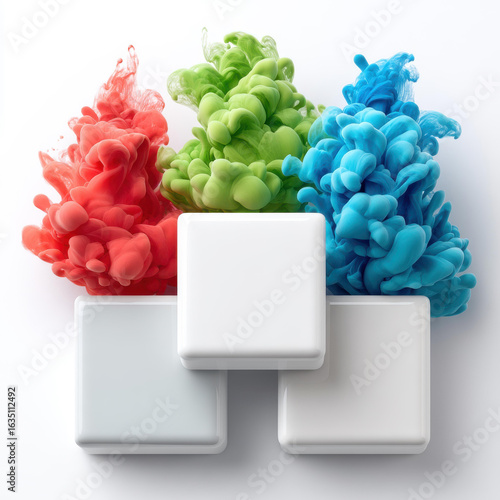 Vibrant splashes of green, red, and blue ink on a white backdrop, perfect for adding flair to your designs.